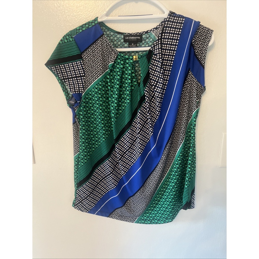 Liz Claiborne Career Women Green Blue Geometric Keyhole Blouse M